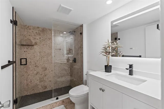 a bathroom with a shower and a toilet