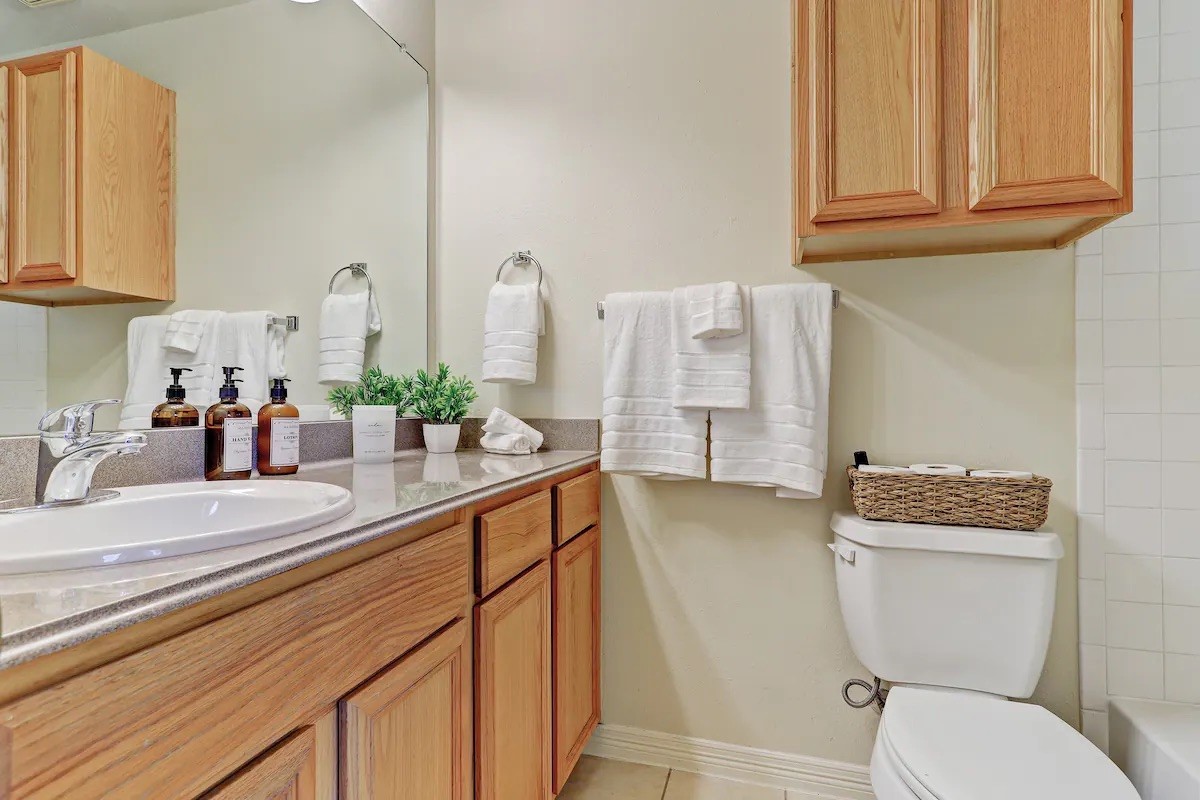 1717 Thompson Street, Unit A Houston, TX 77007 - Photo 6 of 8 a bathroom with a granite countertop toilet and sink