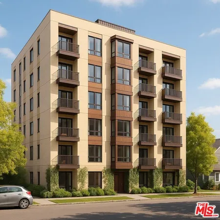 a front view of a building with lot of windows and trees