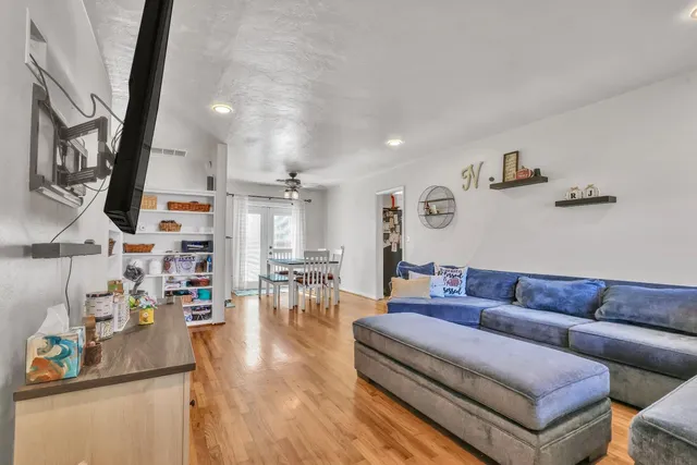 a view of a dining room with furniture