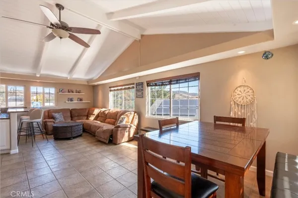 a living room with furniture a rug potted plant and a large window