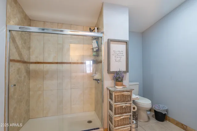 a bathroom with a shower a toilet and a window