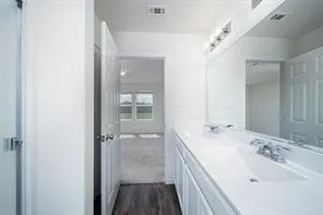 a bathroom with a double vanity sink mirror and shower
