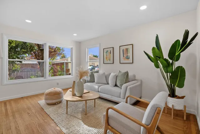 a living room with furniture and a potted plant