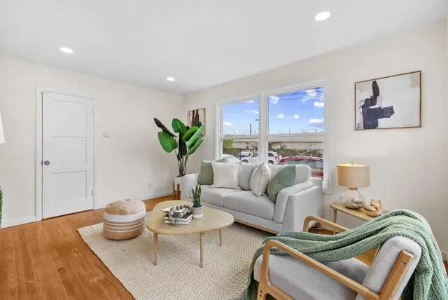 a living room with furniture and a potted plant