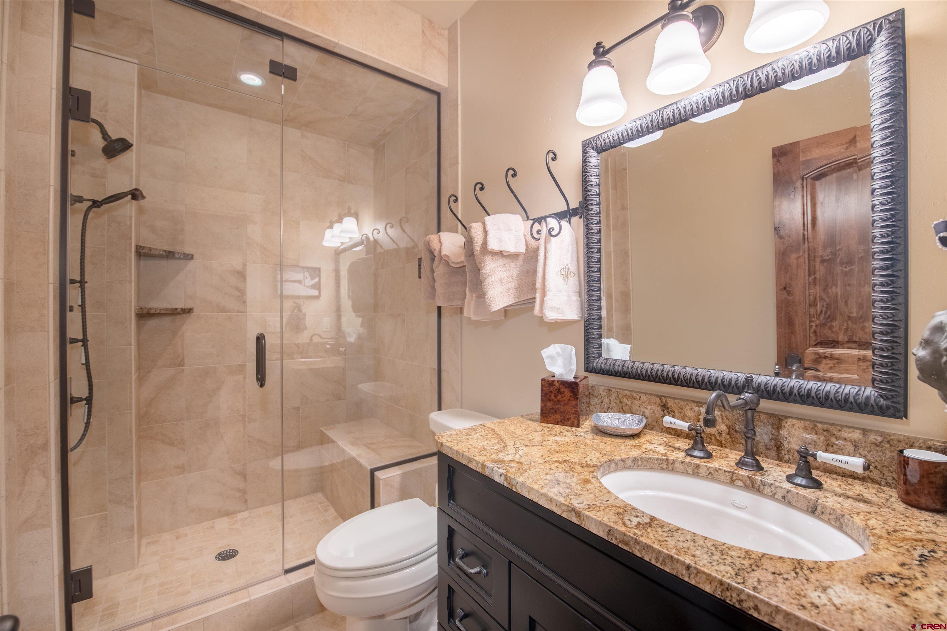 18 Maroon Avenue Crested Butte, CO 81224 - Photo 34 of 45 a bathroom with a granite countertop sink a toilet a mirror and shower