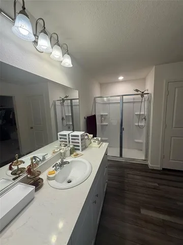 a bathroom with a sink shower and a mirror