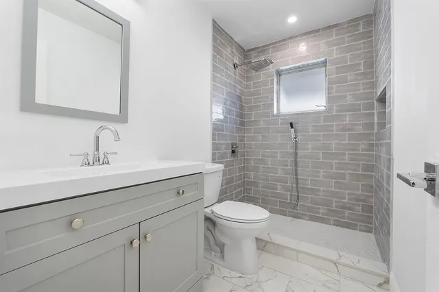 a bathroom with a shower a sink a toilet and mirror