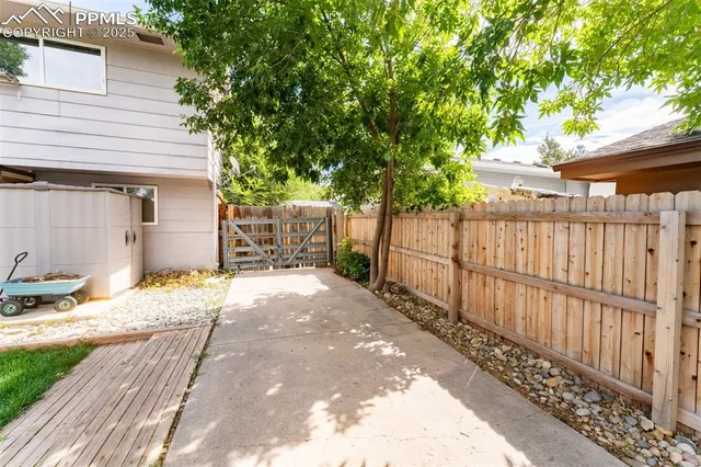 a street view with wooden fence and trees