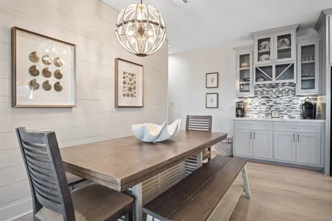 a view of a dining room with furniture