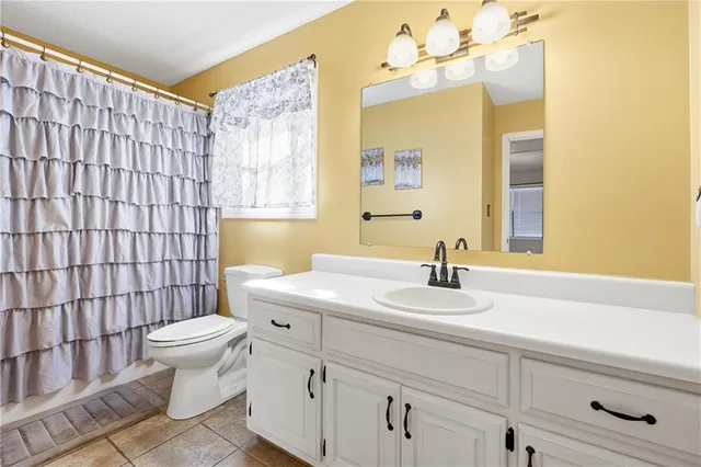 a bathroom with a sink a toilet a mirror and shower curtain