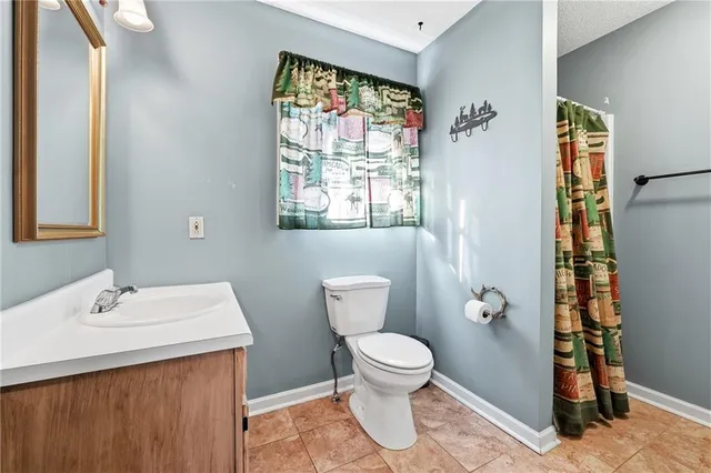 a bathroom with a sink a toilet and shower curtain