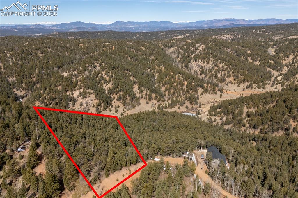81 Haven Road Divide, CO 80814 - Photo 11 of 24 Aerial view of property's location with a mountain backdrop and property boundaries highlighted