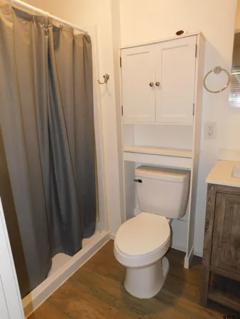 a bathroom with a toilet and a shower