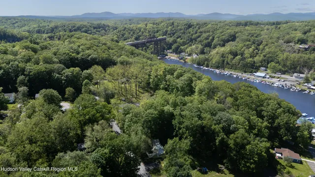 an aerial view of a forest with houses