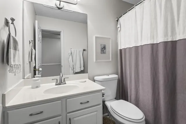 a bathroom with a sink a toilet and shower curtain