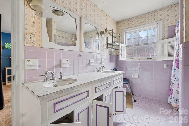 a bathroom with a granite countertop sink a mirror and a shower