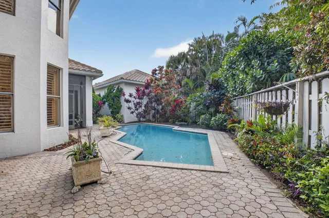 a view of a patio with couches table and chairs under an umbrella with palm trees