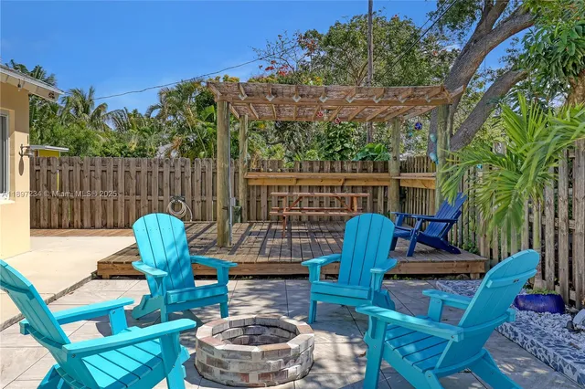 a view of outdoor sitting area with furniture and wooden fence