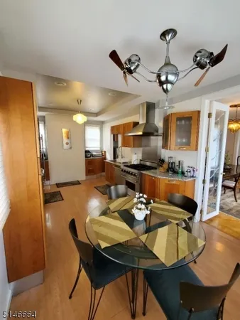 a view of a dining room with furniture