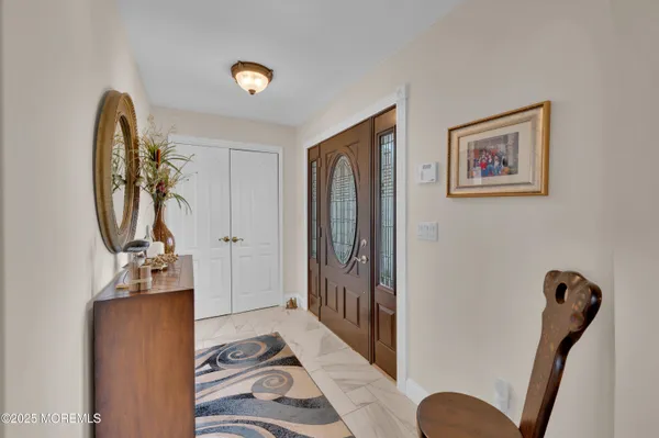 a view of a dining room with furniture