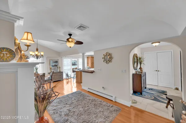 a view of a dining room with furniture