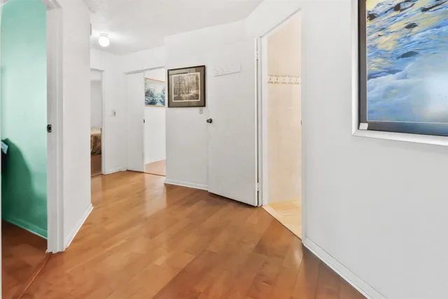 a view of a hallway with wooden floor