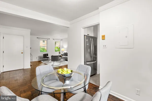 a view of a dining room with furniture