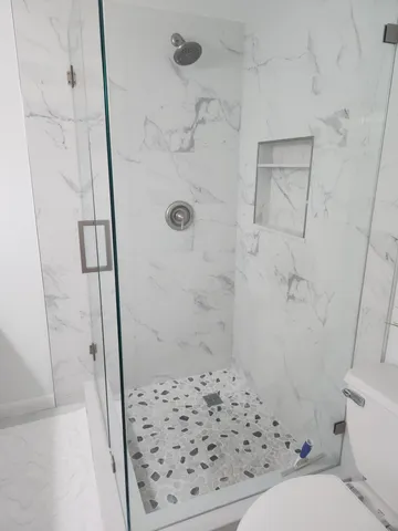 a bathroom with a shower and toilet