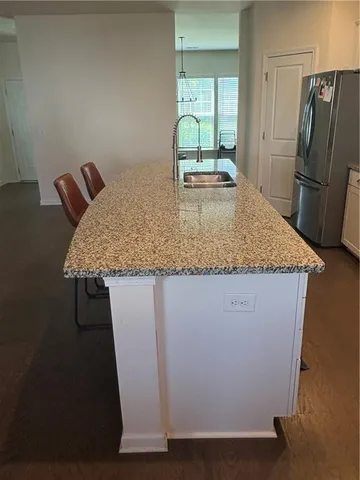 a close view of kitchen countertops with fireplace