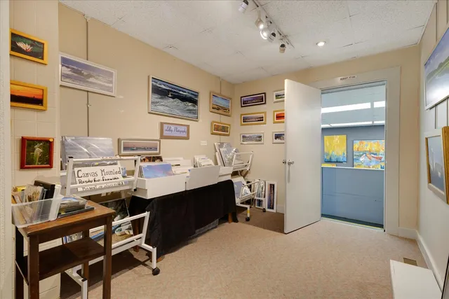 a bathroom with a shower curtain and a sink