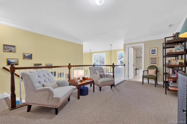a living room with furniture and a book shelf