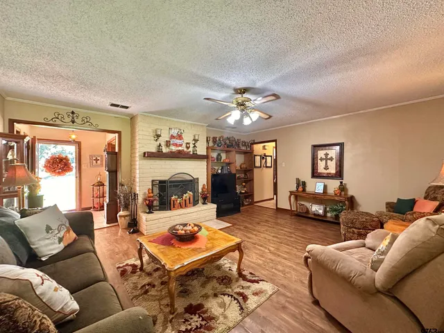 a living room with furniture a chandelier and a fireplace