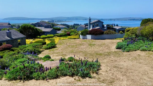 an aerial view of a houses with a yard and lake view