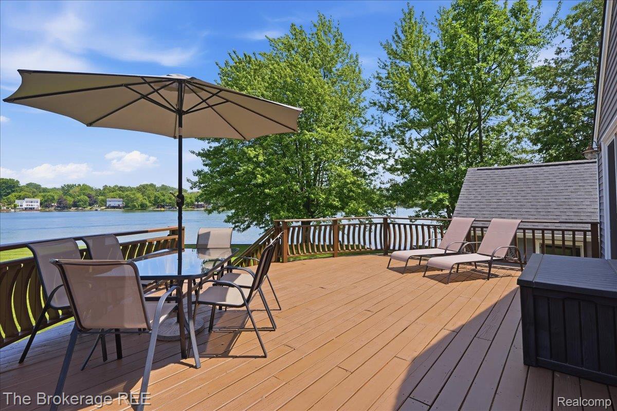 261 Reymont Road Waterford, MI 48327 - Photo 35 of 49 Spacious outdoor deck with water frontage, composite decking, and a wood railing with decorative balusters