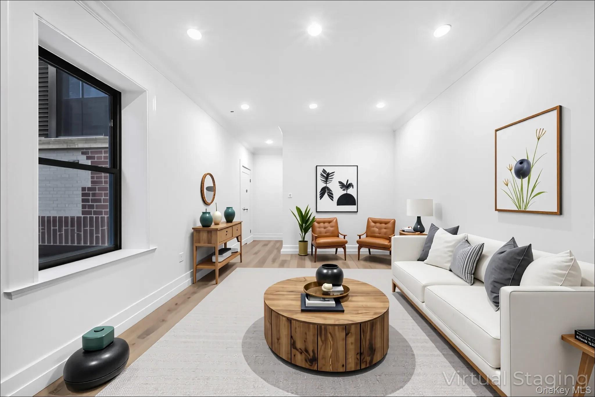 31-14 Crescent Street, Unit 5B Queens, NY 11106 - Photo 2 of 16 Living area with recessed lighting, light wood-type flooring, and crown molding