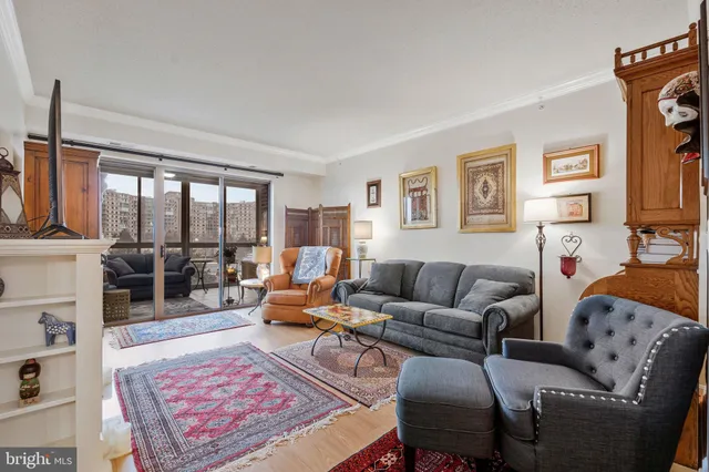 a living room with furniture and a rug
