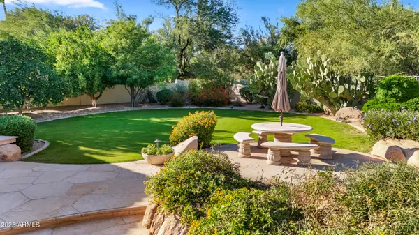 a view of a table and chairs in backyard under a large tree