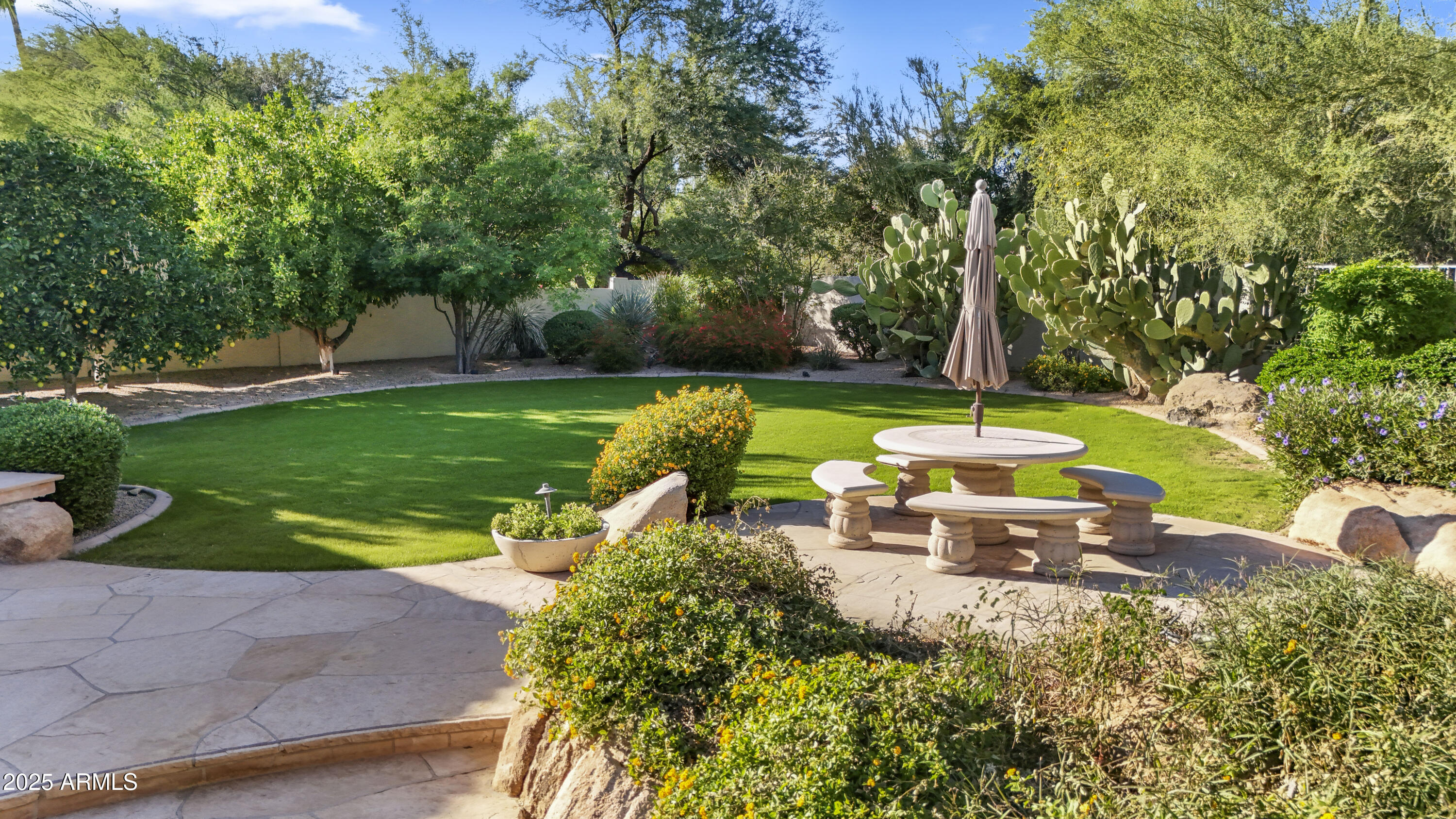 8350 East Via Del Sol Drive Scottsdale, AZ 85255 - Photo 3 of 42 a view of a table and chairs in backyard under a large tree