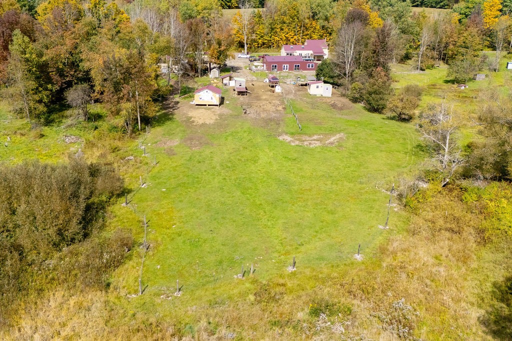 1668 Vandervort Hill Road Unadilla, NY 13849 - Photo 46 of 50 An aerial perspective reveals a vast grassy clearing bordered by mature trees and outbuildings.