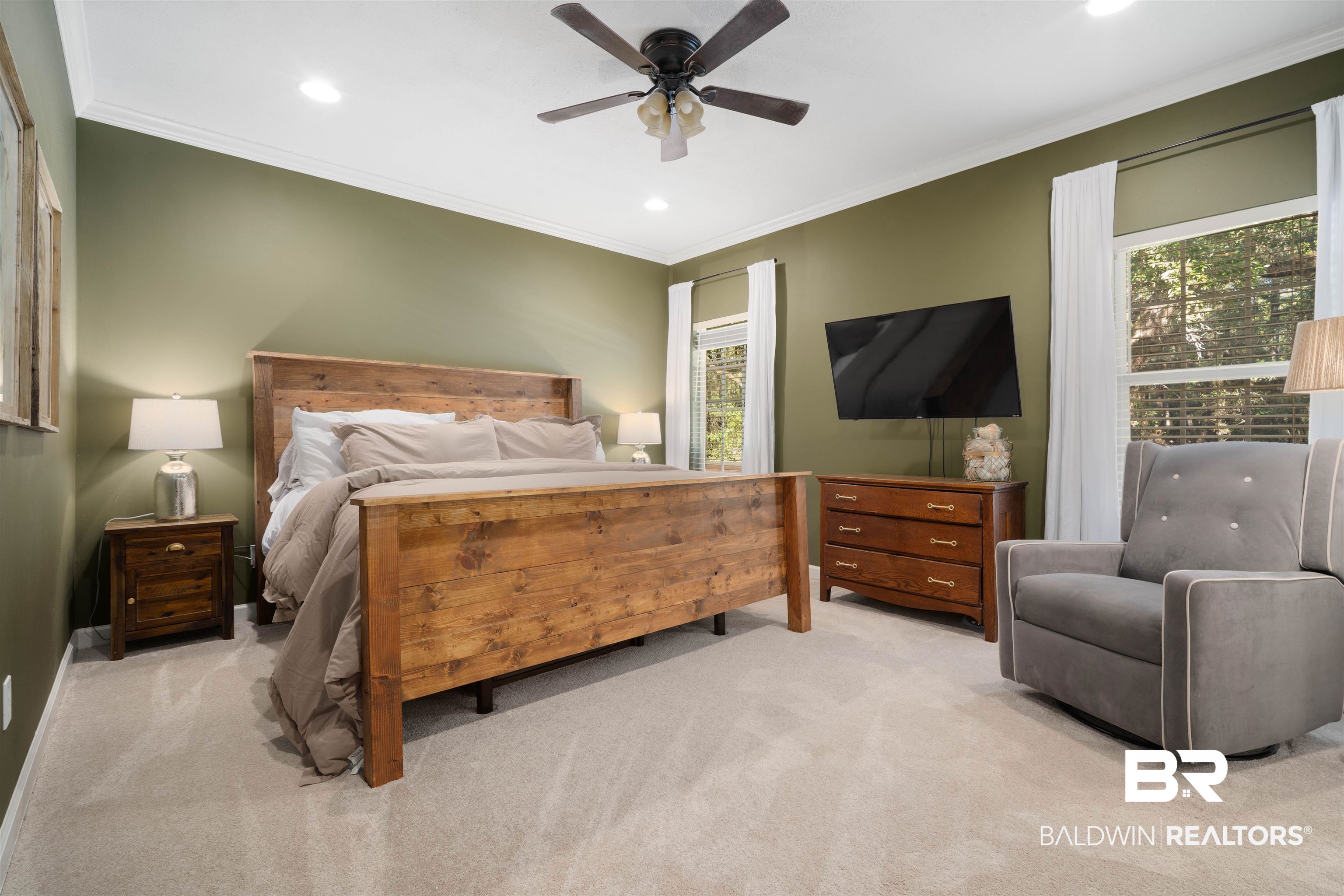 27288 Parker Lane Daphne, AL 36526 - Photo 12 of 29 Carpeted bedroom featuring recessed lighting, ornamental molding, and a ceiling fan