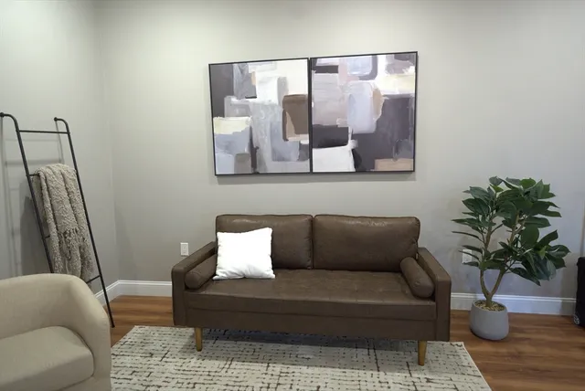 a living room with furniture and a potted plant