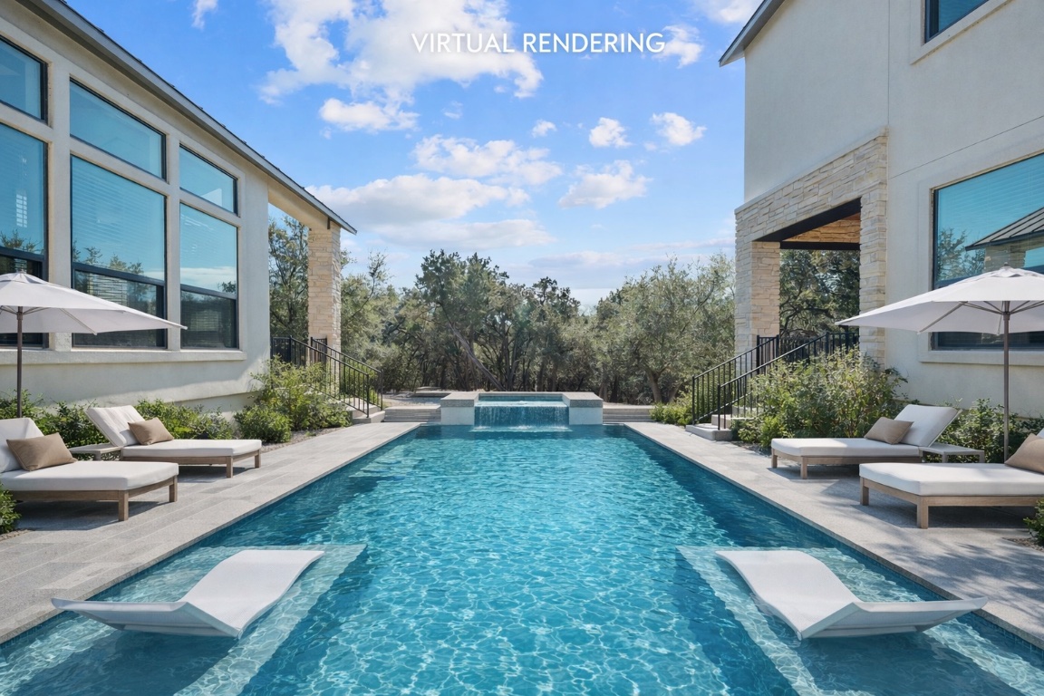 20607 Thurman Bend Road Spicewood, TX 78669 - Photo 39 of 40 Virtual rendering of pool featuring stairway, a patio, and a pool with connected hot tub