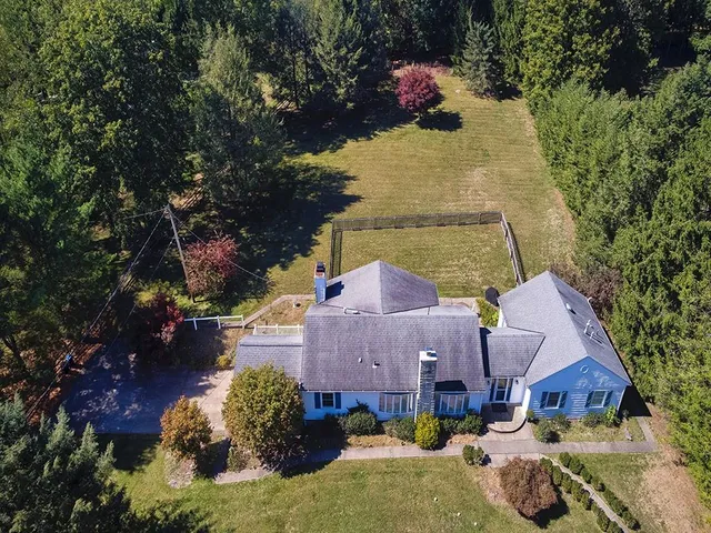 a aerial view of a house with a yard and a large tree