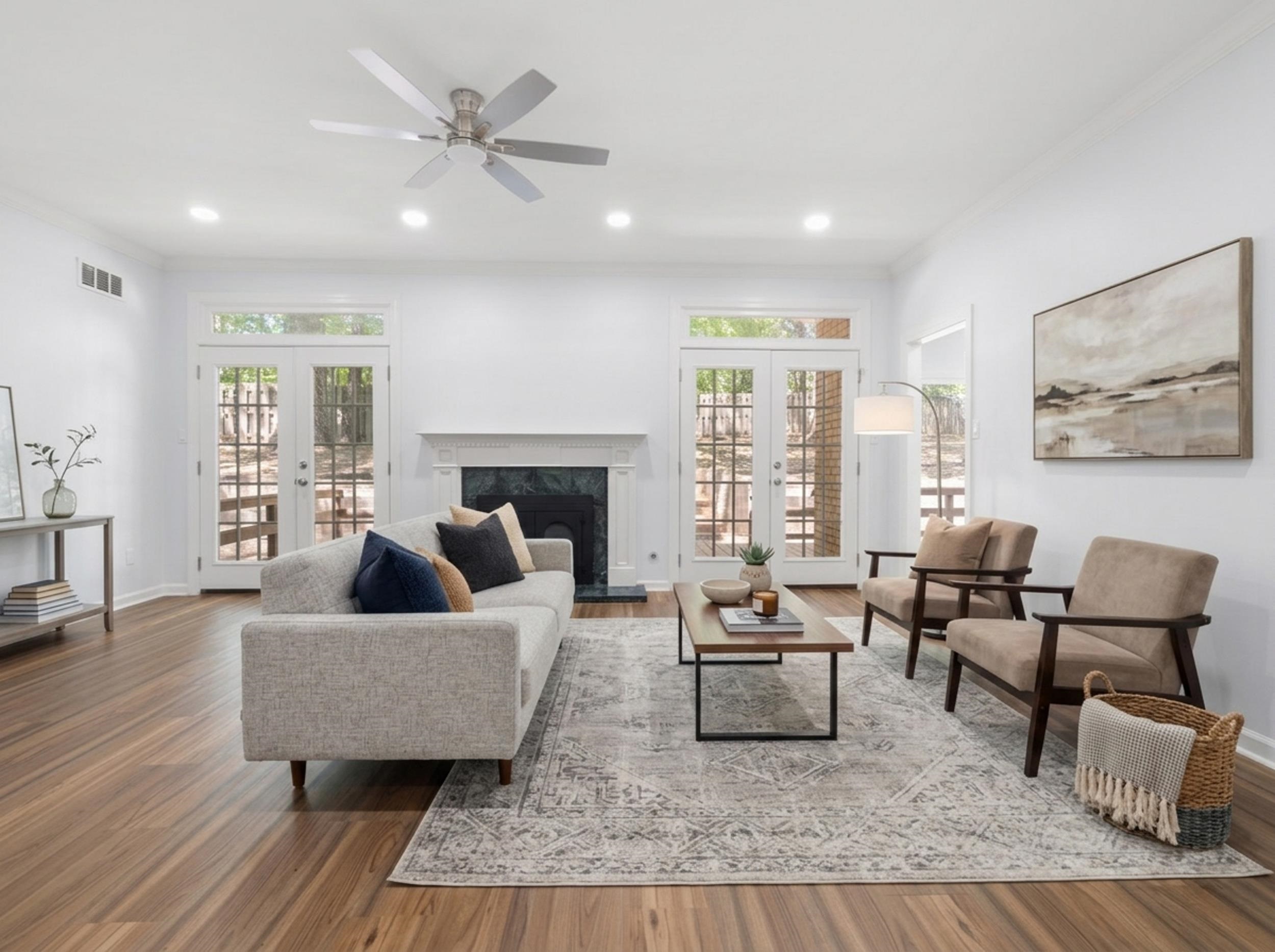 486 Brook Ridge Circle Memphis, TN 38018 - Photo 15 of 40 Living area with french doors, a fireplace, a ceiling fan, wood finished floors, and crown molding