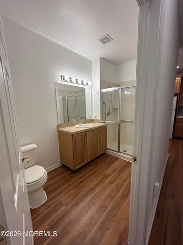 a bathroom with a sink a toilet a mirror and shower