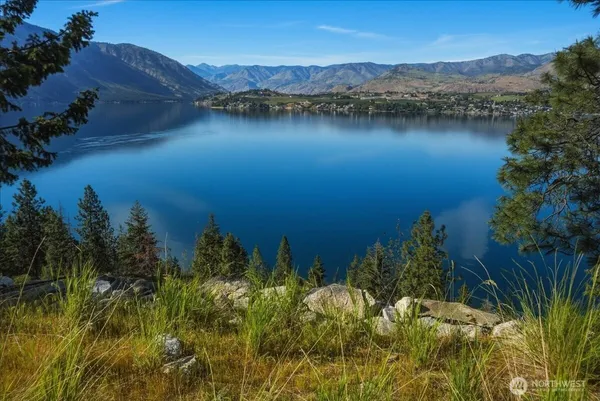a view of a lake with a mountain in the background