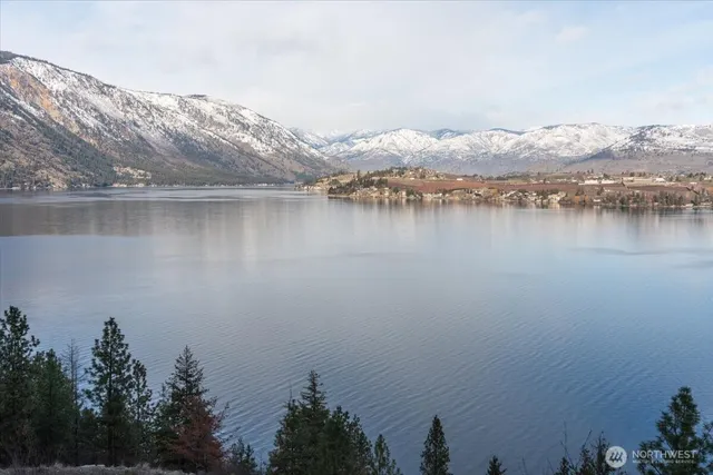 a view of a lake with a mountain in the background