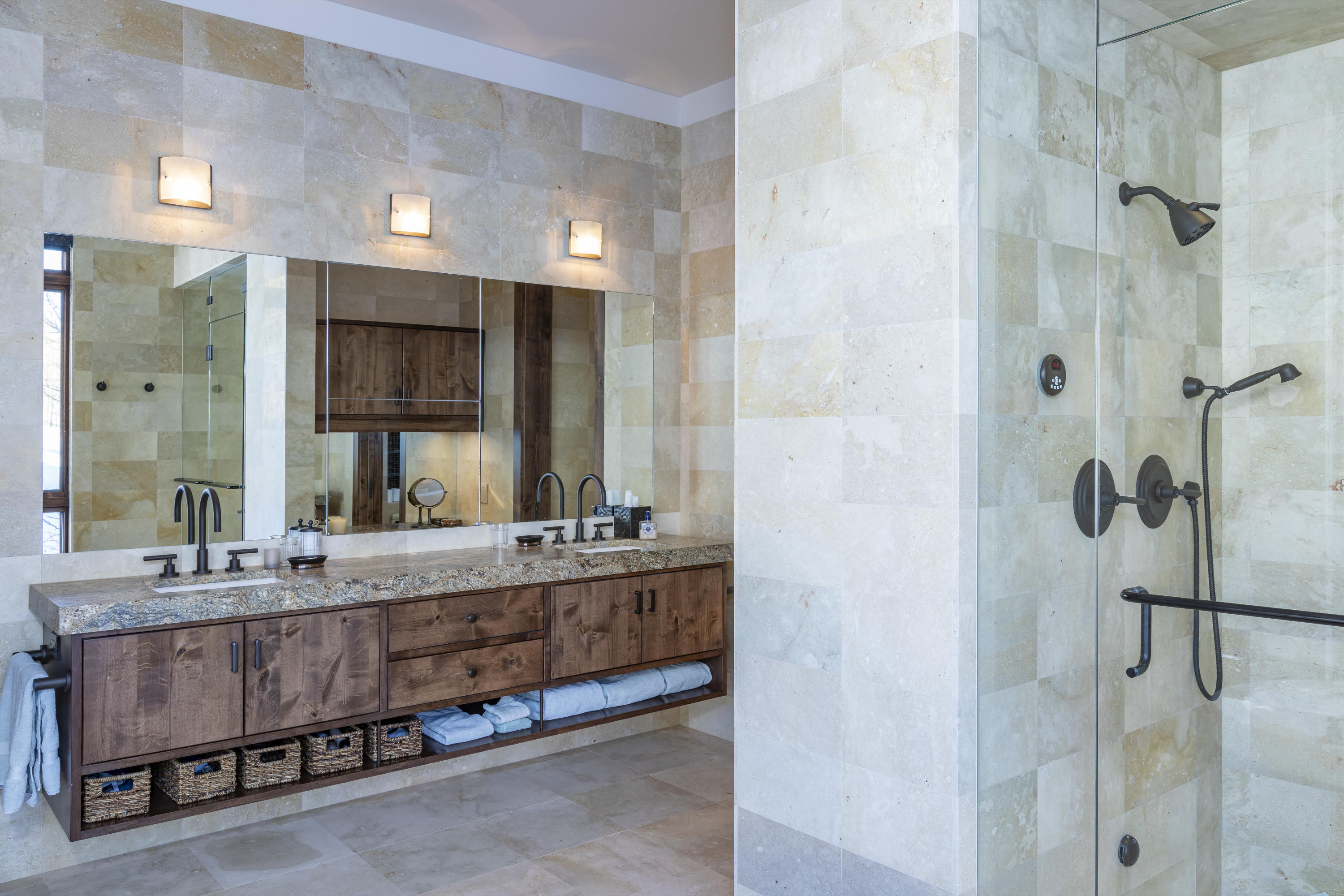 397 Muddy Creek Placerville, CO 81430 - Photo 20 of 22 a bathroom with a double vanity sink mirror and shower