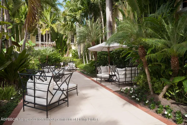 a view of a chairs and table in backyard